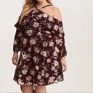 Torid Women's Plus Size 14 Burgundy Floral Cold Shoulder Boho Dress.  SKU# A-117